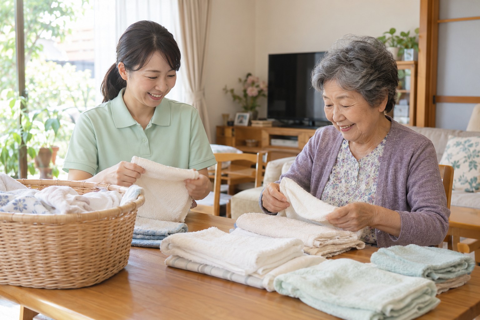洗濯物を一緒にたたむ場面のイメージ